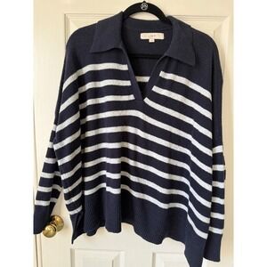 LOFT Womens Navy Blue White Striped Polo V-Neck Relaxed Fit Sweater Large